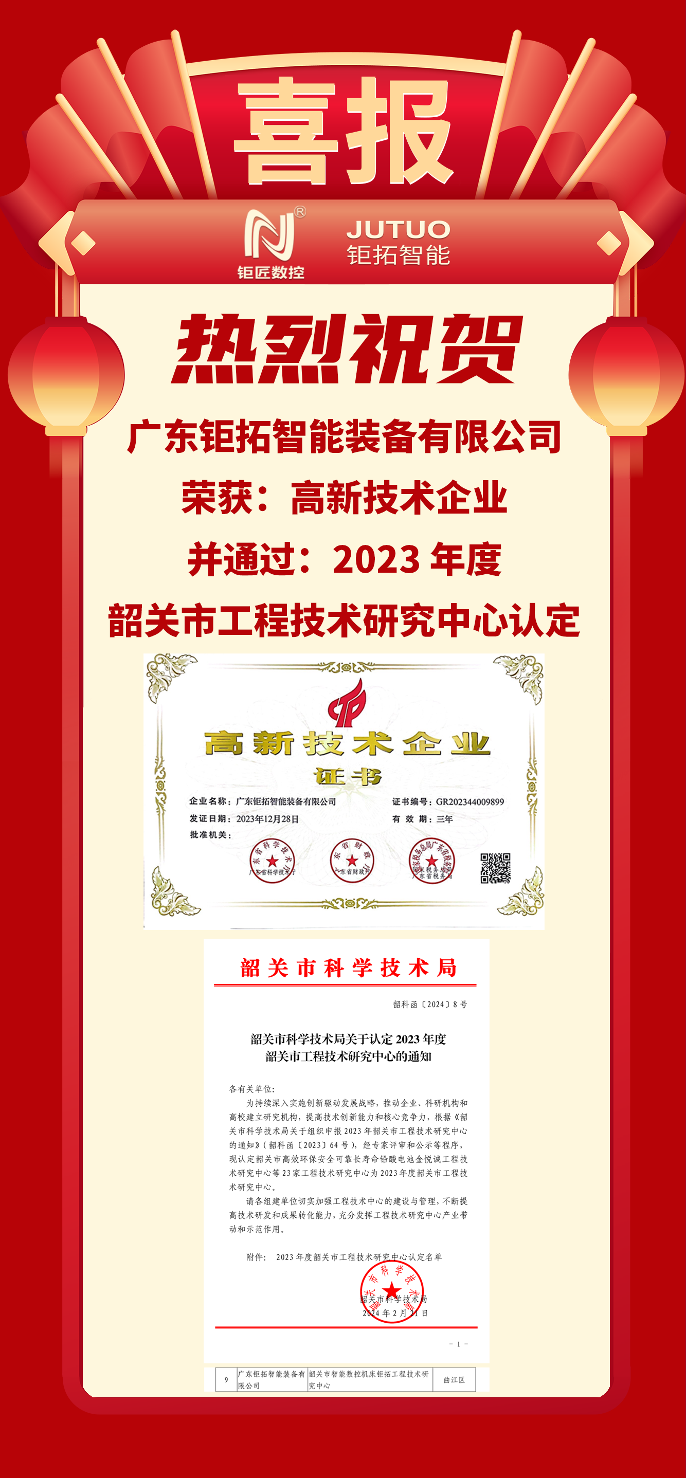 【喜报】好博app官方下载数控韶关工厂荣获:高新技术企业、韶关市工程技术研究中心认定